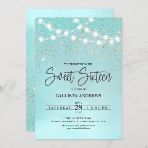 Teal Blue Gold Glitter Sparkles Lights Sweet 16 Invitation