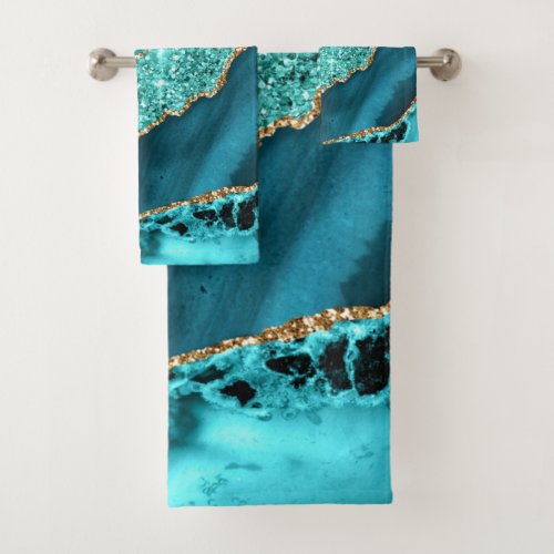 Teal Blue Gold Glitter Turquoise Bath Towel Set