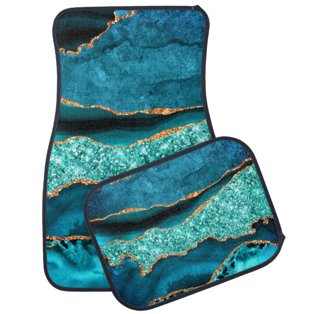 Teal Blue Gold Glitter Turquoise Car Floor Mat (Set)
