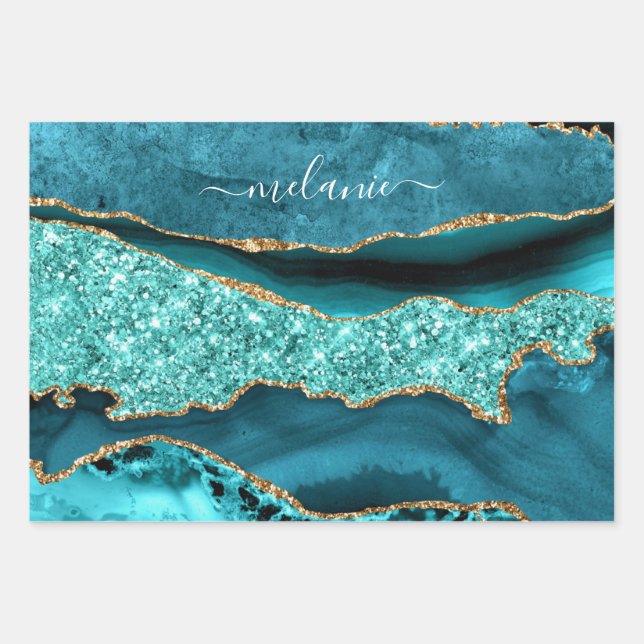 Teal Blue Gold Glitter Turquoise Custom Name Wrapping Paper Sheets (Front 2)