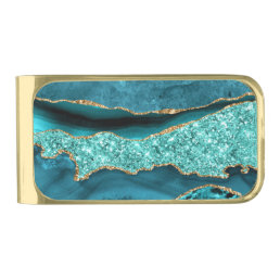 Teal Blue Gold Glitter Turquoise Marble Money Clip