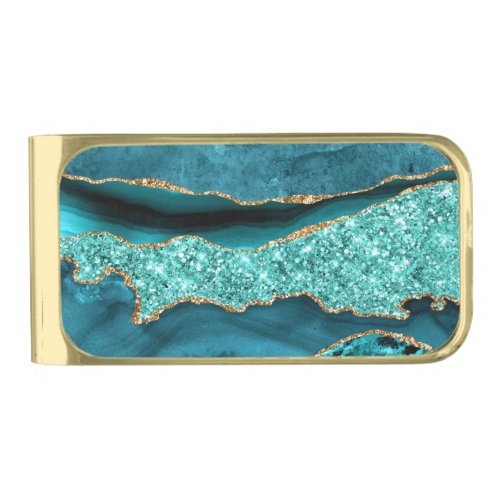 Teal Blue Gold Glitter Turquoise Marble Money Clip