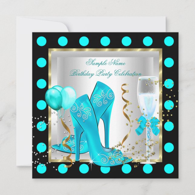 Teal Blue Gold Glitter White Spot Birthday Party Invitation (Front)