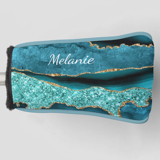 Teal Blue Gold Golf Head Cover with Custom Name (Front)