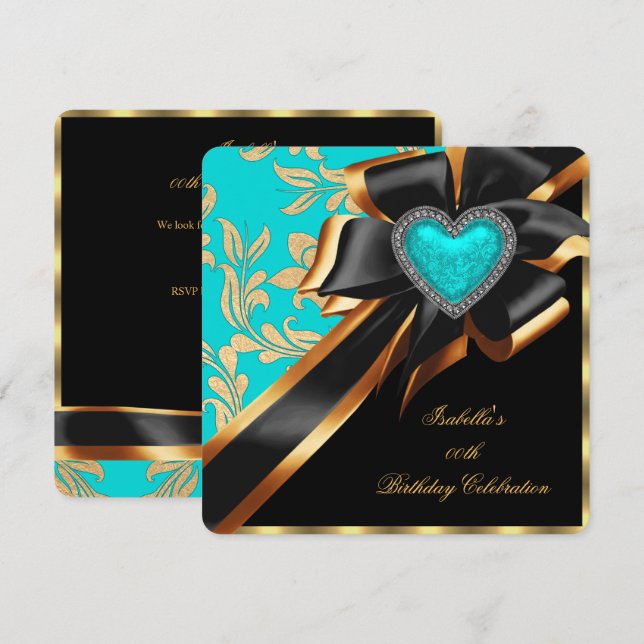 Teal Blue Gold Heart Bow Black Birthday Party Invitation (Front/Back)