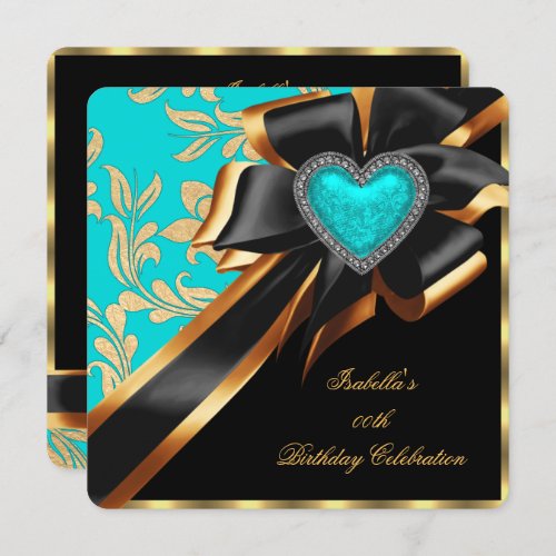 Teal Blue Gold Heart Bow Black Birthday Party Invitation