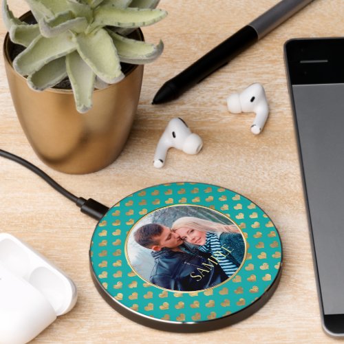 Teal Blue Gold Hearts Pattern Photo Template Wireless Charger