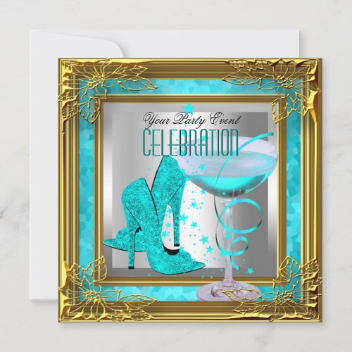 Teal Blue Gold High Heel Shoes Champagne Invitation