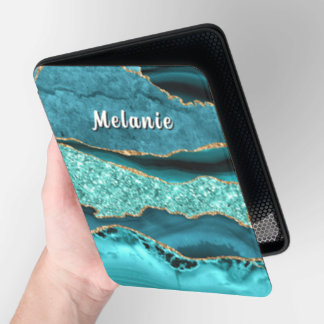 Teal Blue Gold Kindle Cover Personalized Name Gift