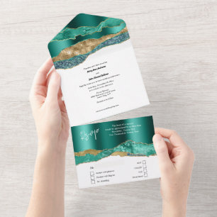 Teal blue gold marble agate glitter white wedding all in one invitation
