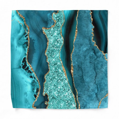 Teal Blue Gold Marble Aqua Turquoise Bandana