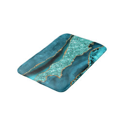 Teal Blue Gold Marble Aqua Turquoise Bath Mat