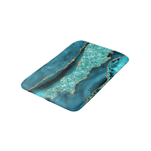 Teal Blue Gold Marble Aqua Turquoise Bath Mat