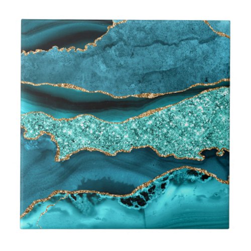 Teal Blue Gold Marble Aqua Turquoise Ceramic Tile