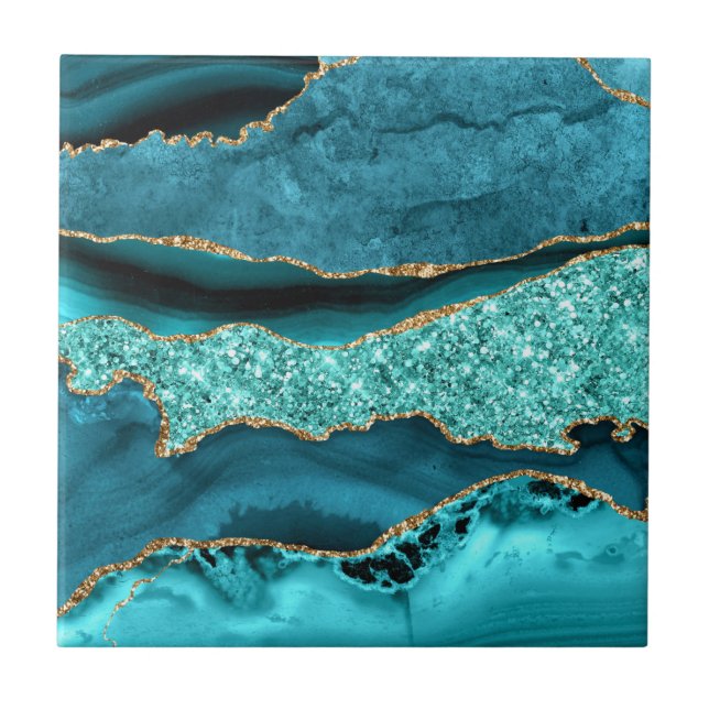 Teal Blue Gold Marble Aqua Turquoise Ceramic Tile (Front)