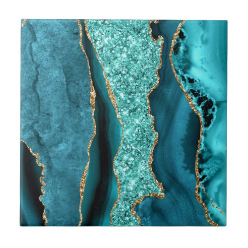 Teal Blue Gold Marble Aqua Turquoise Ceramic Tile