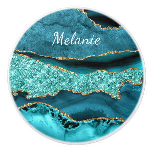 Teal Blue Gold Marble Aqua Turquoise Custom Name Ceramic Knob