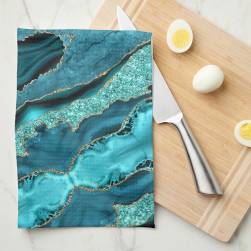 Teal Blue Gold Marble Aqua Turquoise Kitchen Towel