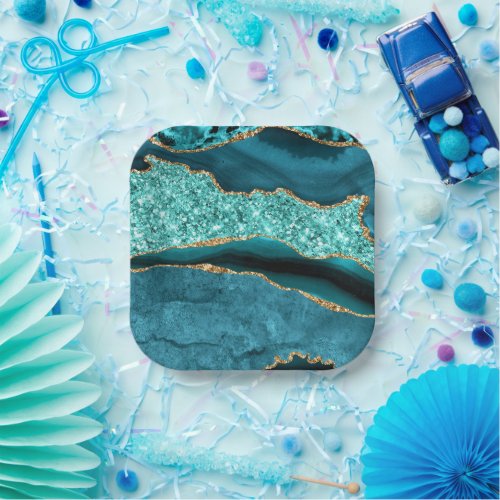 Teal Blue Gold Marble Aqua Turquoise Paper Plates