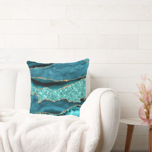 Teal Blue Gold Marble Aqua Turquoise Throw Pillow