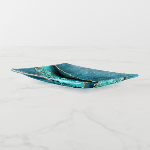 Teal Blue Gold Marble Aqua Turquoise Trinket Tray
