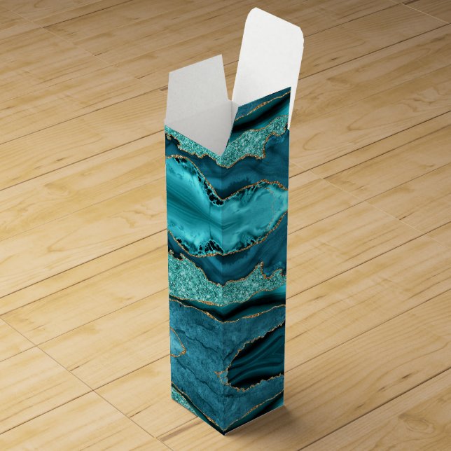Teal Blue Gold Marble Aqua Turquoise Wine Box (Opened)