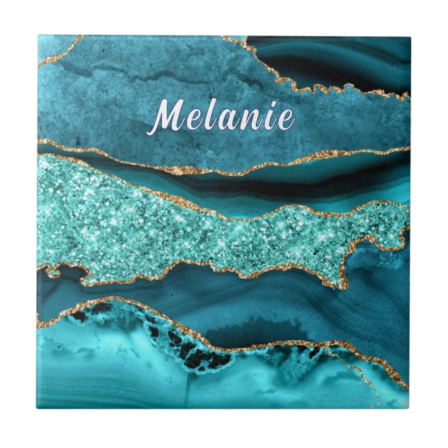 Teal Blue Gold Marble Ceramic Tile Custom Name (Front)
