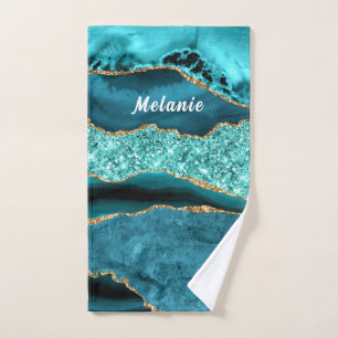Teal Blue Gold Marble Custom Name Bath Towels