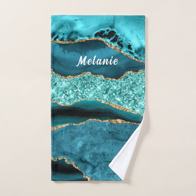 Teal Blue Gold Marble Custom Name Bath Towels (Hand Towel)