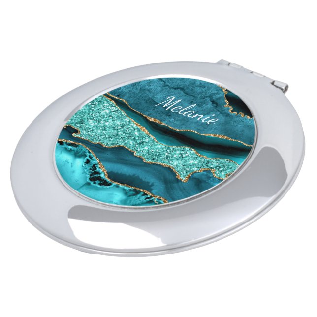 Teal Blue Gold Marble Custom Name Compact Mirror (Turned)