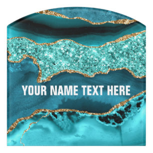 Teal Blue Gold Marble Custom Name Door Sign