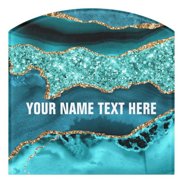 Teal Blue Gold Marble Custom Name Door Sign (Contour Front)