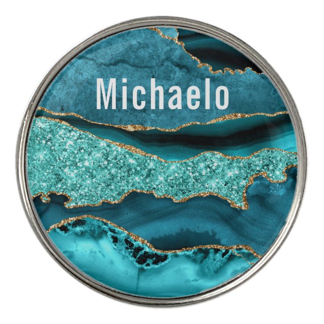 Teal Blue Gold Marble Custom Name Golf Ball Marker (Front)