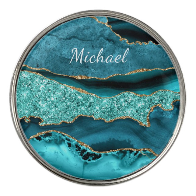 Teal Blue Gold Marble Custom Name Golf Ball Marker (Front)