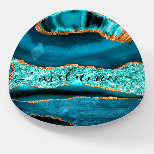 Teal Blue Gold Marble Custom Name Paperweight