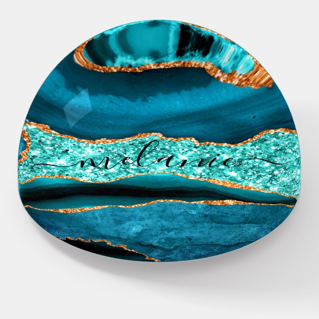 Teal Blue Gold Marble Custom Name Paperweight (Angled)