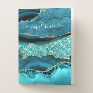 Teal Blue Gold Marble Custom Name Pocket Folder