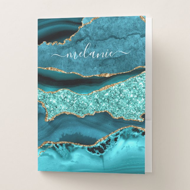 Teal Blue Gold Marble Custom Name Pocket Folder (Front)