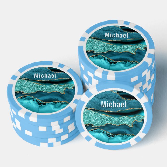 Teal Blue Gold Marble Custom Name Poker Chips (Stack)