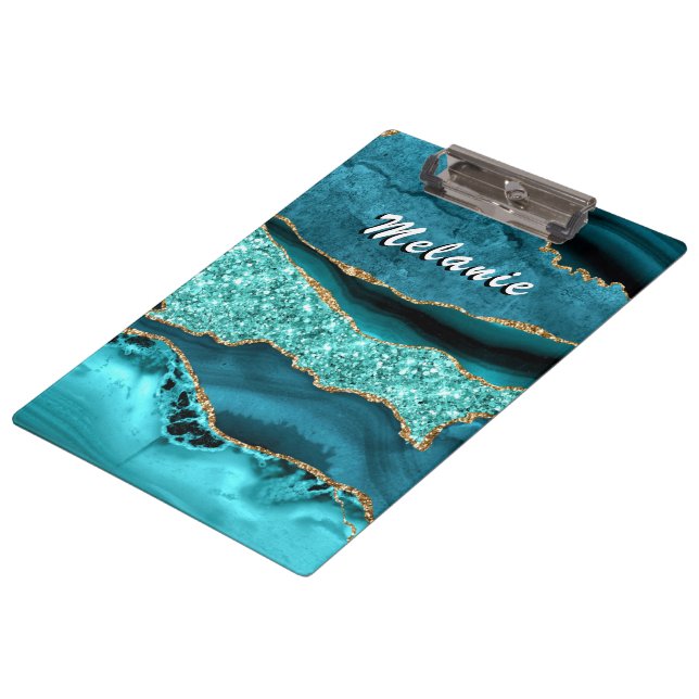 Teal Blue Gold Marble Custom Your Name Clipboard (Angled)