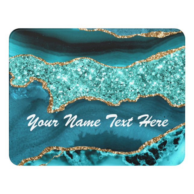 Teal Blue Gold Marble Custom Your Name Door Sign (Contemporary Front)