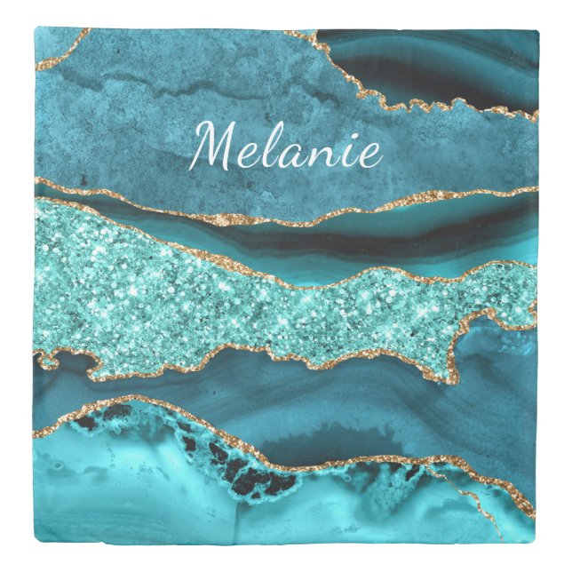 Teal Blue Gold Marble Duvet Cover with Custom Name (Front)