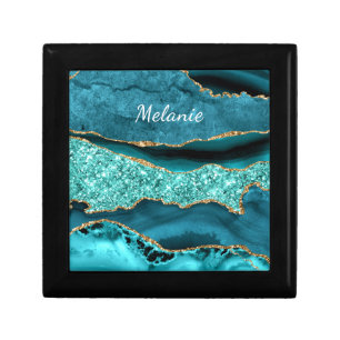 Teal Blue Gold Marble Gift Box Personalized Name
