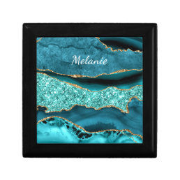 Teal Blue Gold Marble Gift Box with Custom Name