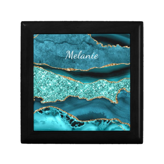 Teal Blue Gold Marble Gift Box with Custom Name (Front)