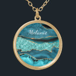 Teal Blue Gold Marble Necklace with Custom Name<br><div class="desc">Personalized Custom Name Text Necklaces with Agate Teal Blue Gold Glitter Marble Aqua Turquoise Geode Customizable Gift - Add Your Name / Text - Make Your Special Necklace Gifts ! Resize and move or remove / add text / elements with Customization tool ! Choose font / size / color !...</div>