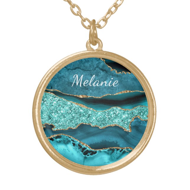 Teal Blue Gold Marble Necklace with Custom Name (Front)