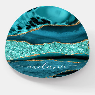 Teal Blue Gold Marble Paperweight with Custom Name