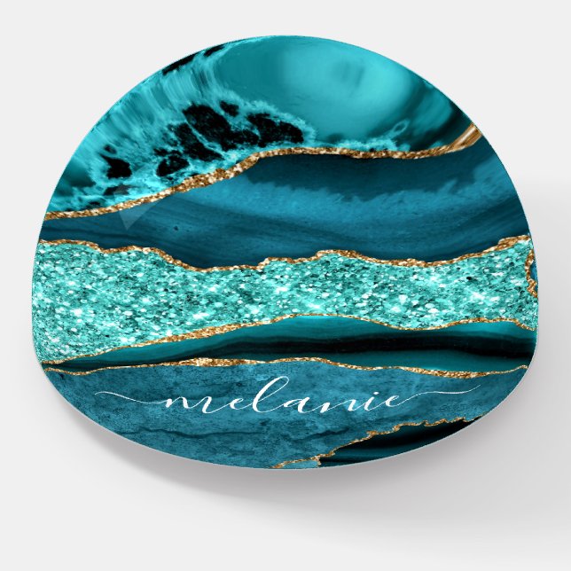 Teal Blue Gold Marble Paperweight with Custom Name (Angled)