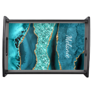 Teal Blue Gold Marble Serving Tray and Custom Name